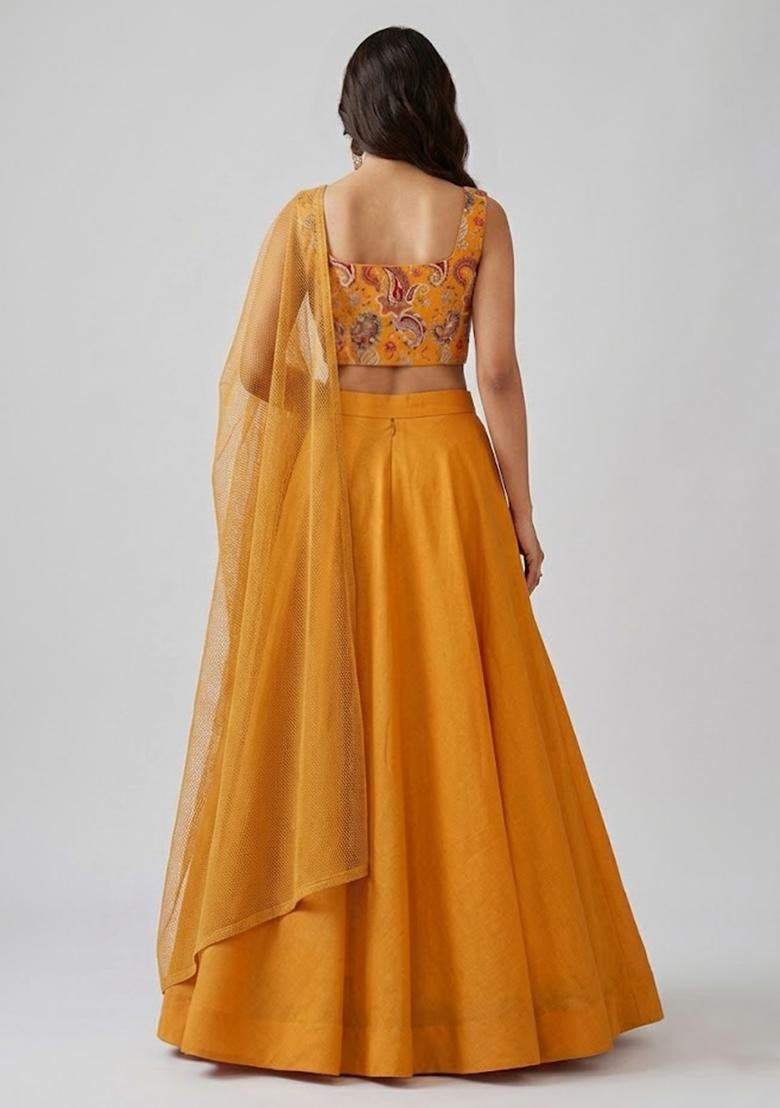 Mustard Yellow Printed Crepe Lehenga Set - Indya