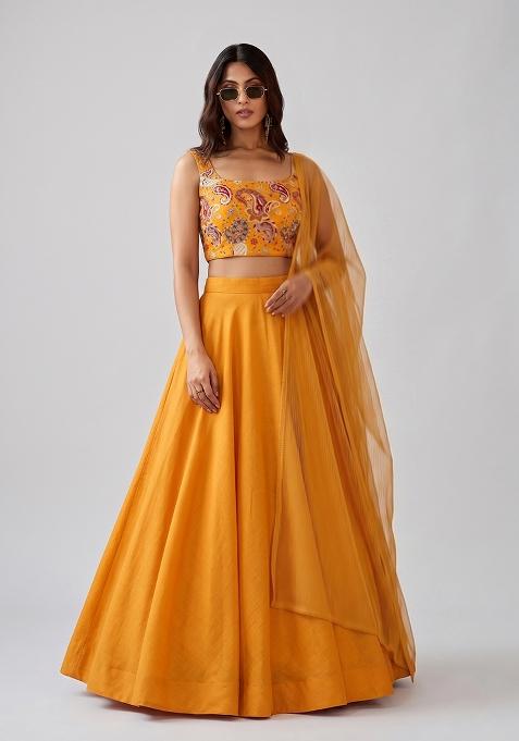 Mustard Yellow Printed Crepe Lehenga Set