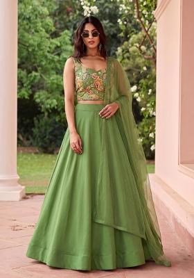 Green Printed Crepe Lehenga Set