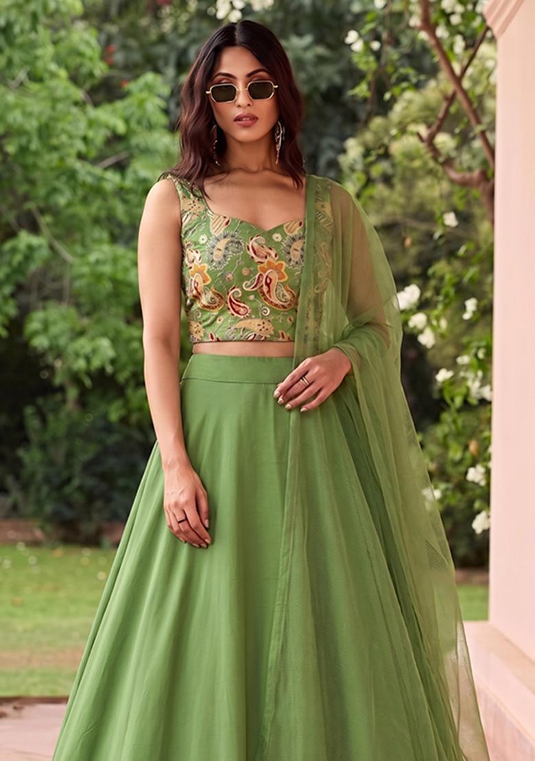 Green Printed Crepe Lehenga Set - Indya