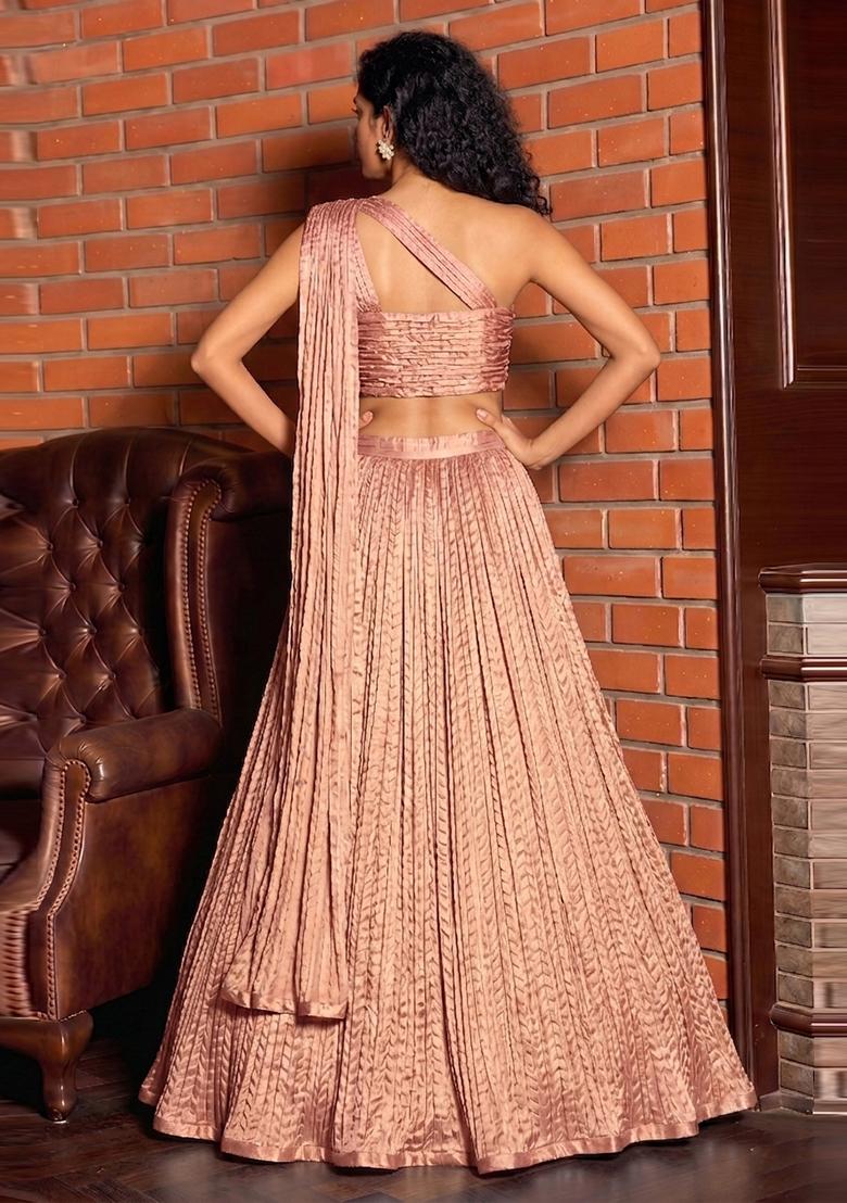 Rose Gold Crinkled Georgette Lehenga Set - Indya