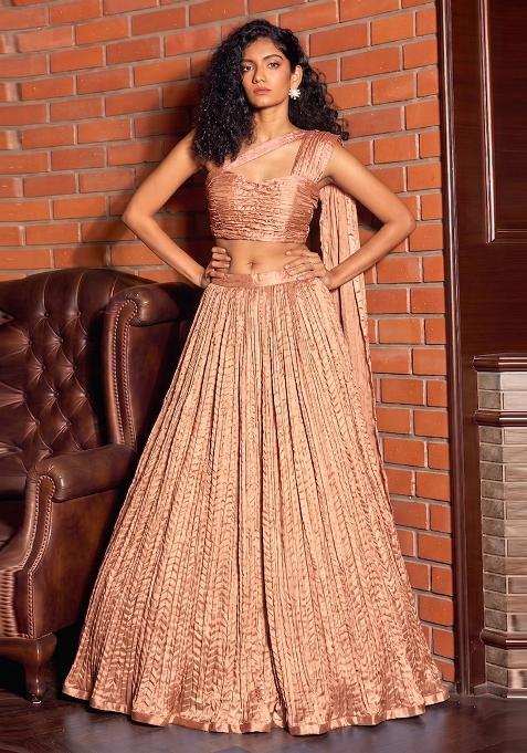 Rose Gold Crinkled Georgette Lehenga Set