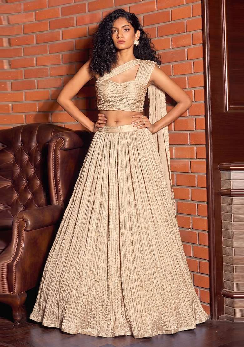 Champagne Gold Crinkled Georgette Lehenga Set - Indya