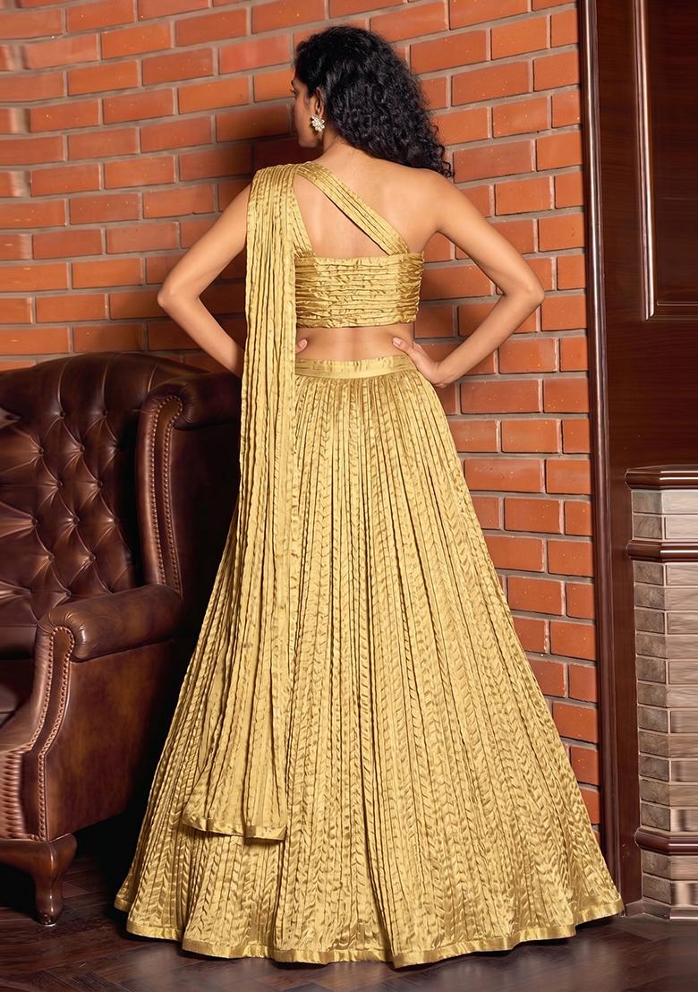 Antique Gold Crinkled Georgette Lehenga Set - Indya