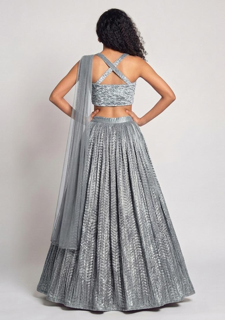 Metallic Grey Crinkled Georgette Lehenga Set - Indya