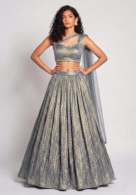 Metallic Grey Crinkled Georgette Lehenga Set