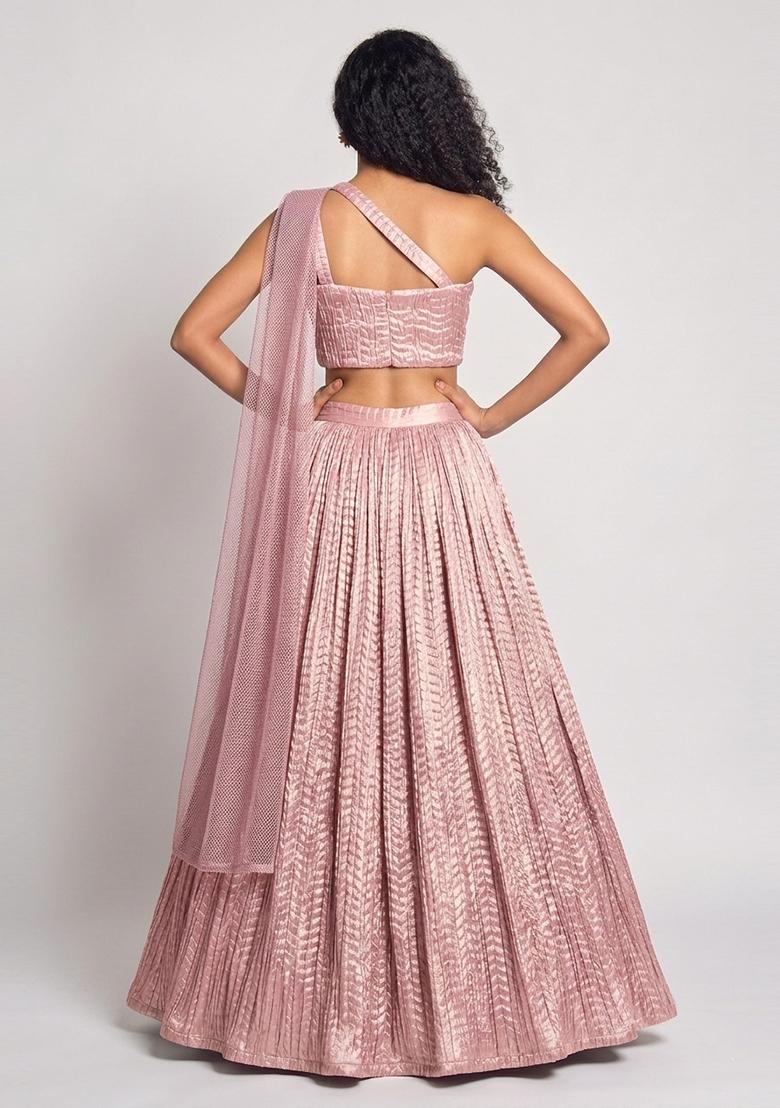 Pastel Pink Crinkled Georgette Lehenga Set - Indya