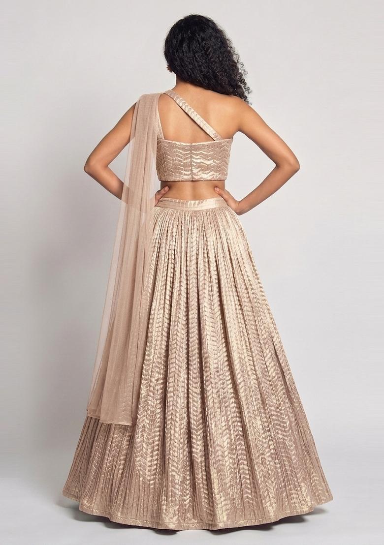 Muted Gold Crinkled Georgette Lehenga Set - Indya