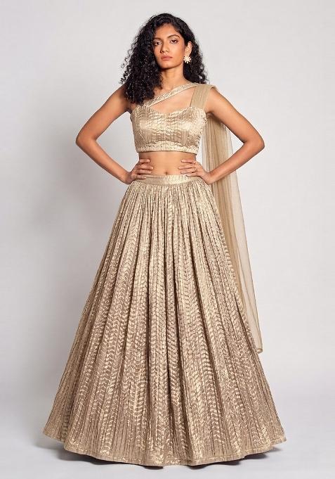 Muted Gold Crinkled Georgette Lehenga Set