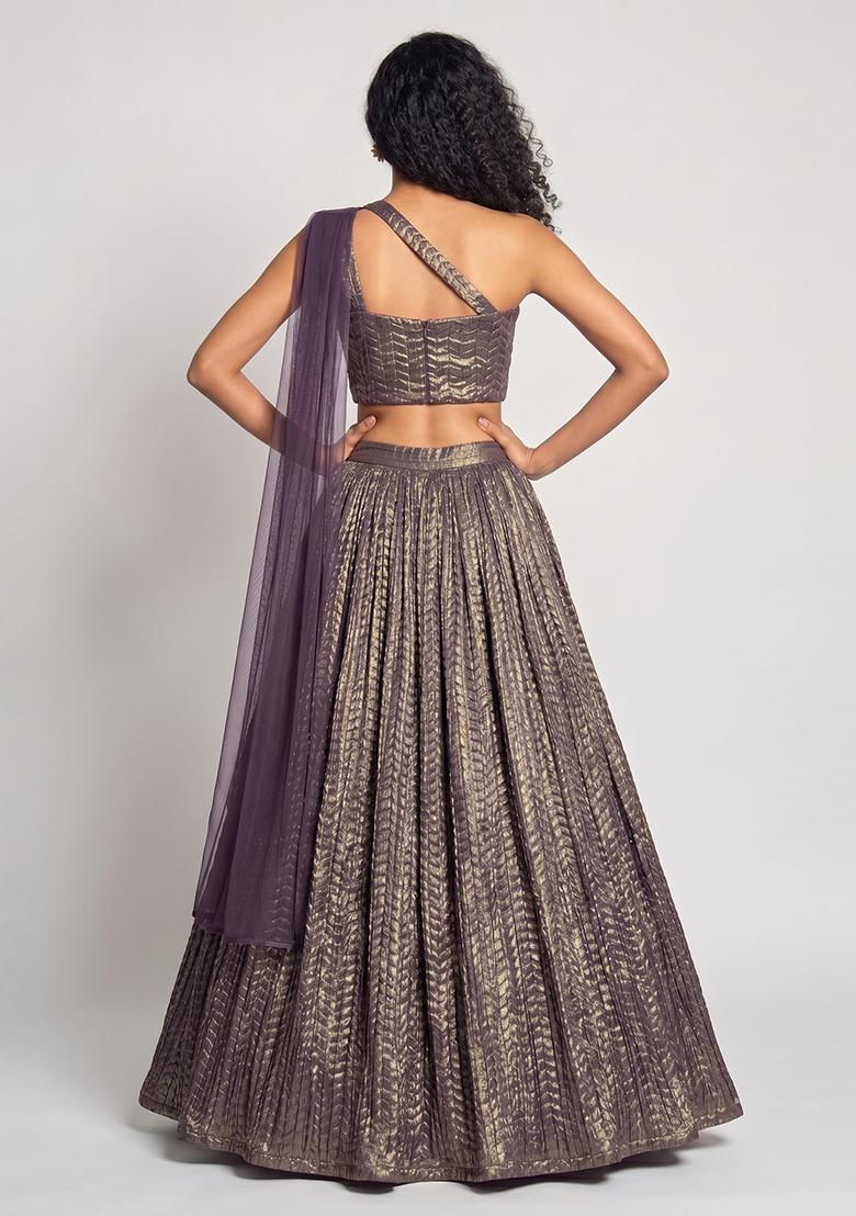 Metallic Purple Crinkled Georgette Lehenga Set - Indya