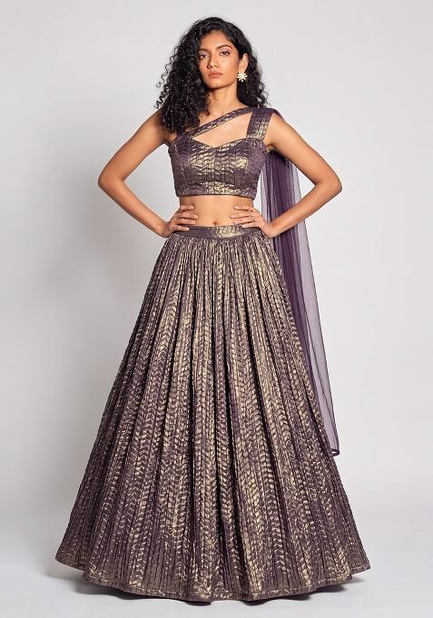 Metallic Purple Crinkled Georgette Lehenga Set