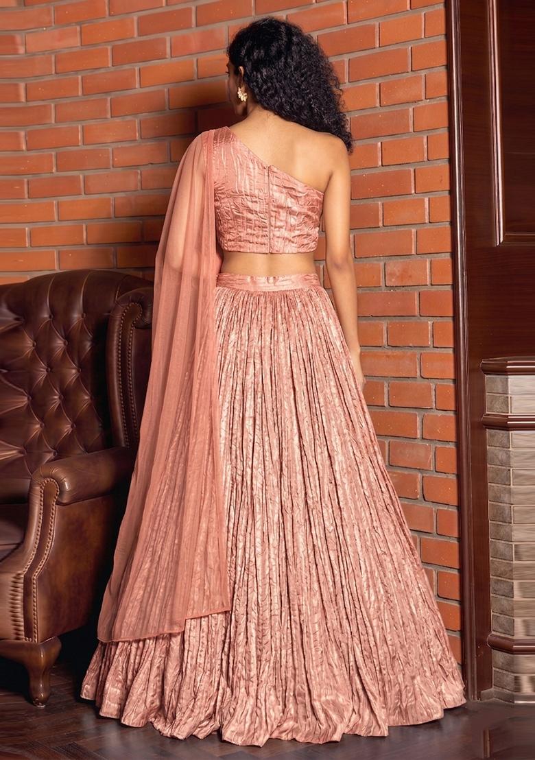 Peach Pink Crinkled Georgette Lehenga Set - Indya