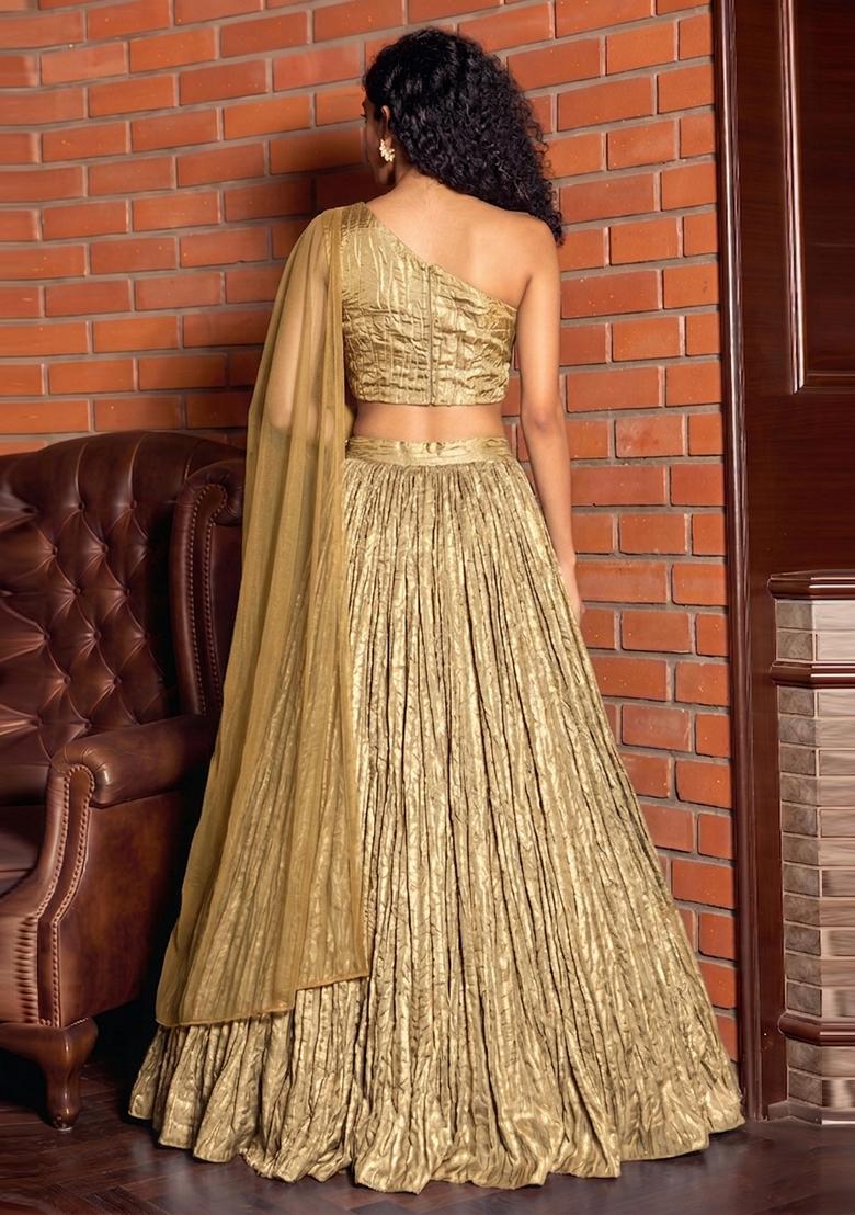 Mustard Crinkled Georgette Lehenga Set - Indya