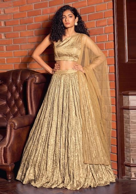 Mustard Crinkled Georgette Lehenga Set
