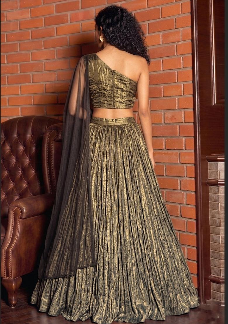 Metallic Gold Textured Georgette Lehenga Set - Indya