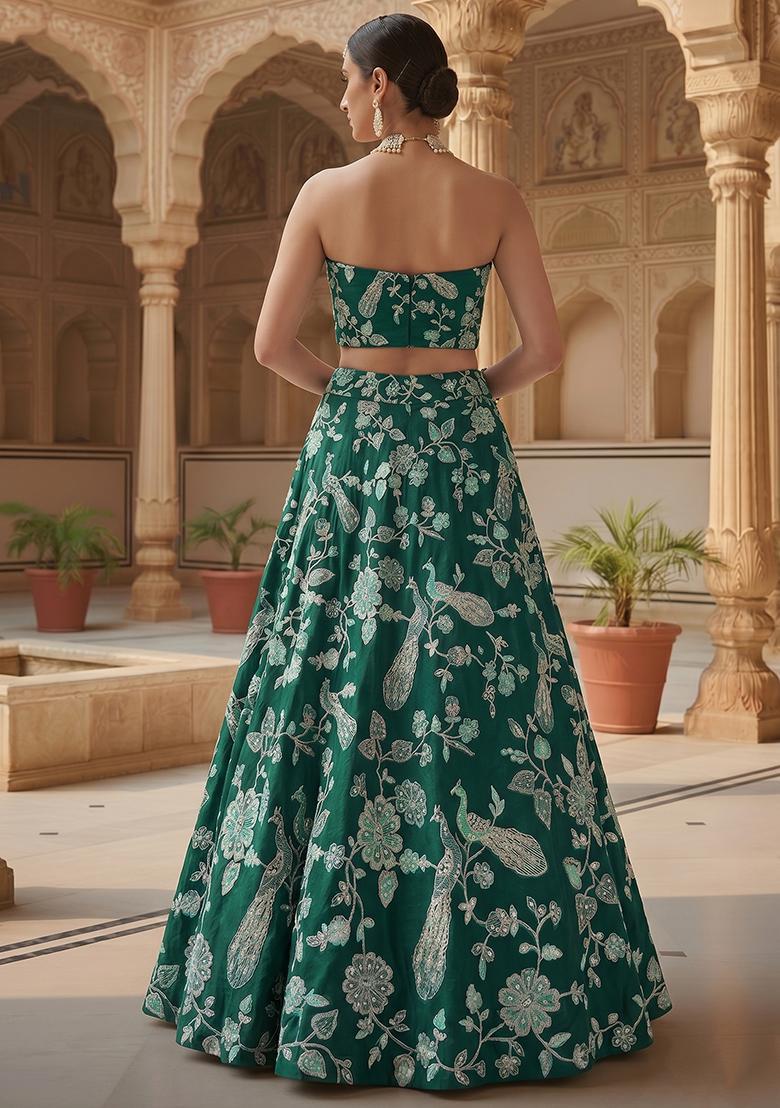 Bottle Green Printed Crepe Lehenga Set - Indya