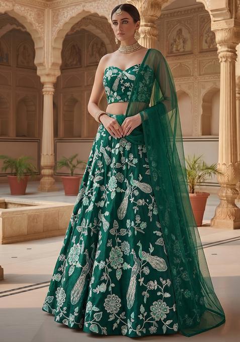 Bottle Green Embroidered Silk Blend Lehenga Set