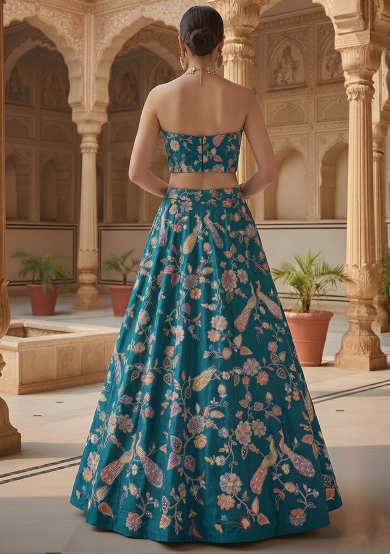 Blue Embroidered Poly Blend Lehenga Set - Indya