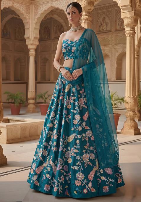 Blue Embroidered Silk Blend Lehenga Set
