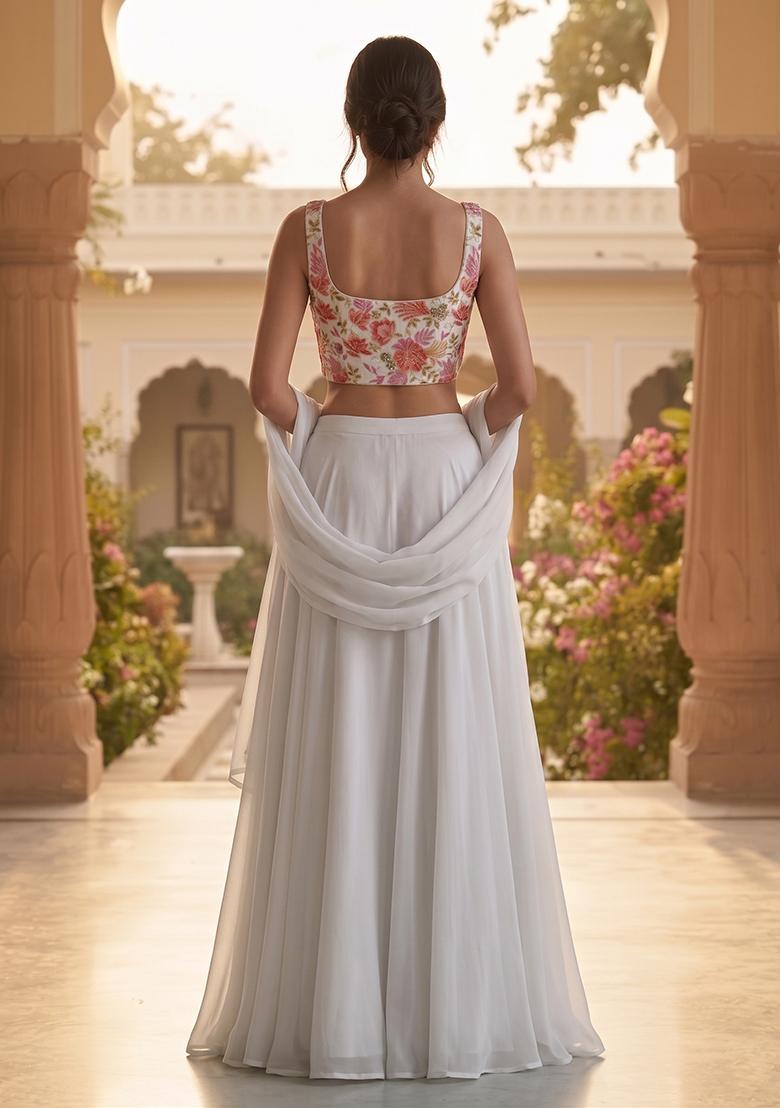 White Printed Organza Lehenga Set - Indya