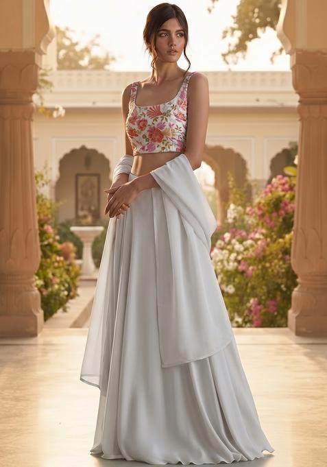White Solid Silk Blend Lehenga Set