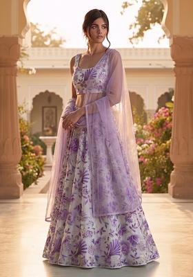 White Printed Organza Lehenga Set