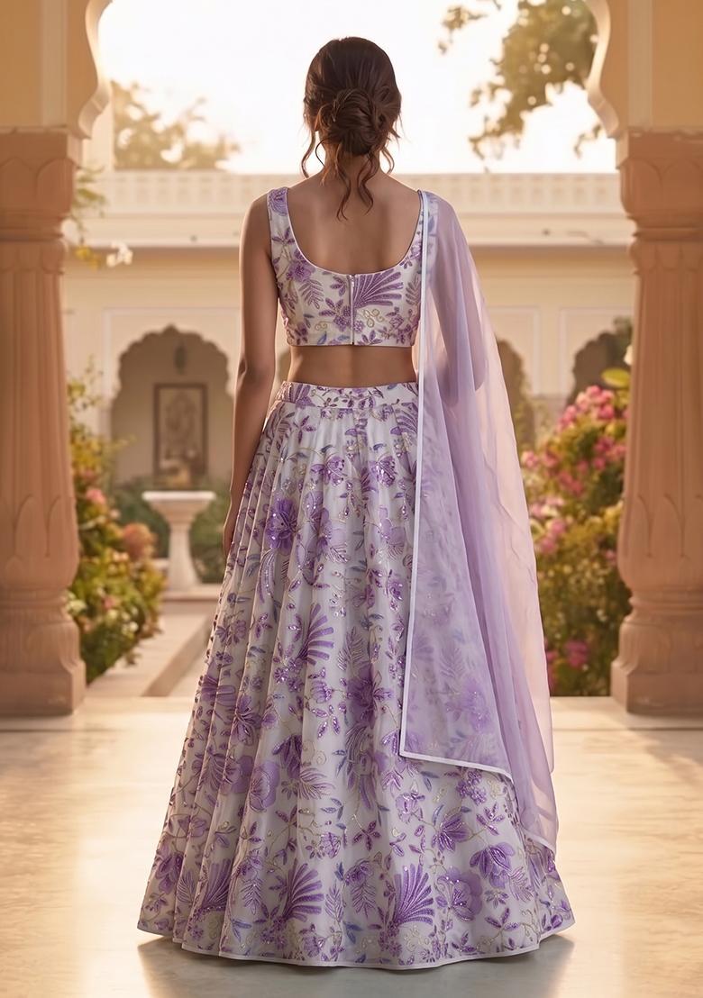 White Printed Organza Lehenga Set - Indya