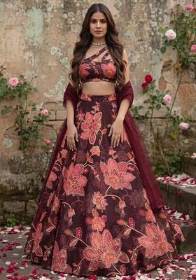 Brown Printed Organza Lehenga Set