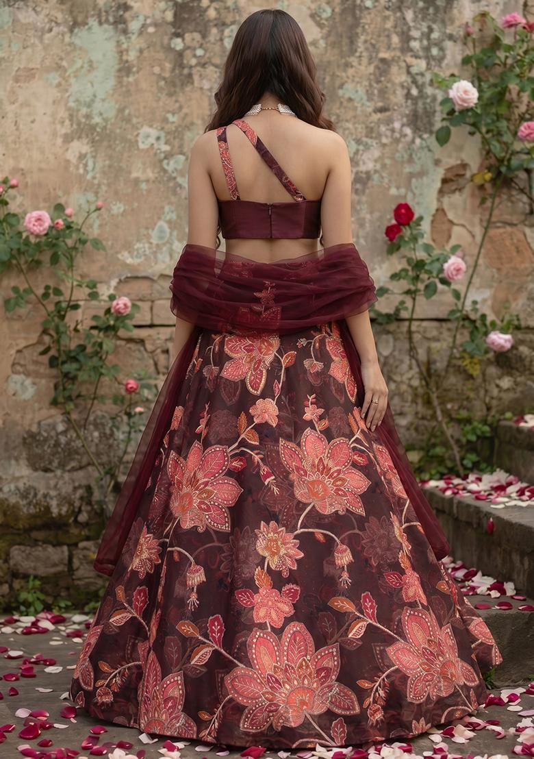 Brown Printed Organza Lehenga Set - Indya