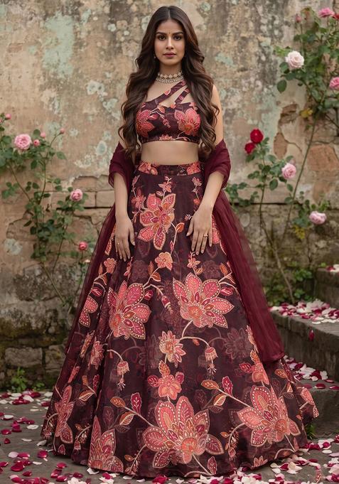 Brown Embroidered Organza Lehenga Set