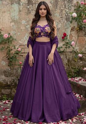 Dark Purple Printed Organza Lehenga Set