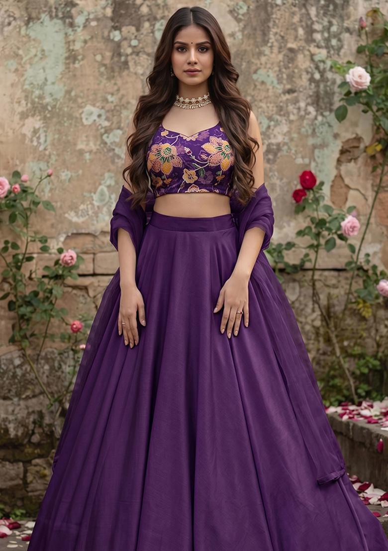 Dark Purple Printed Organza Lehenga Set - Indya