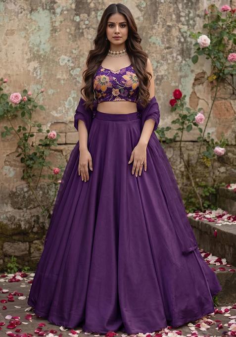 Dark Purple Printed Silk Blend Lehenga Set