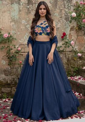 Navy Blue Printed Organza Lehenga Set