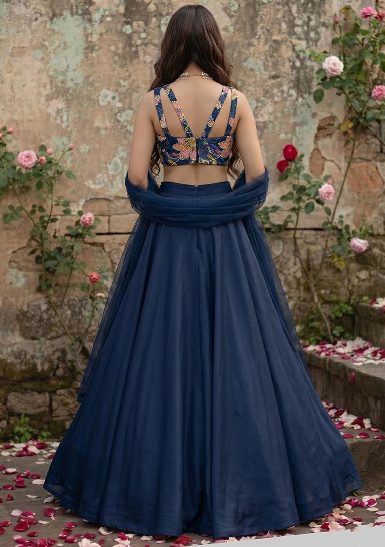Navy Blue Printed Organza Lehenga Set - Indya