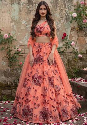 Terracotta Printed Organza Lehenga Set