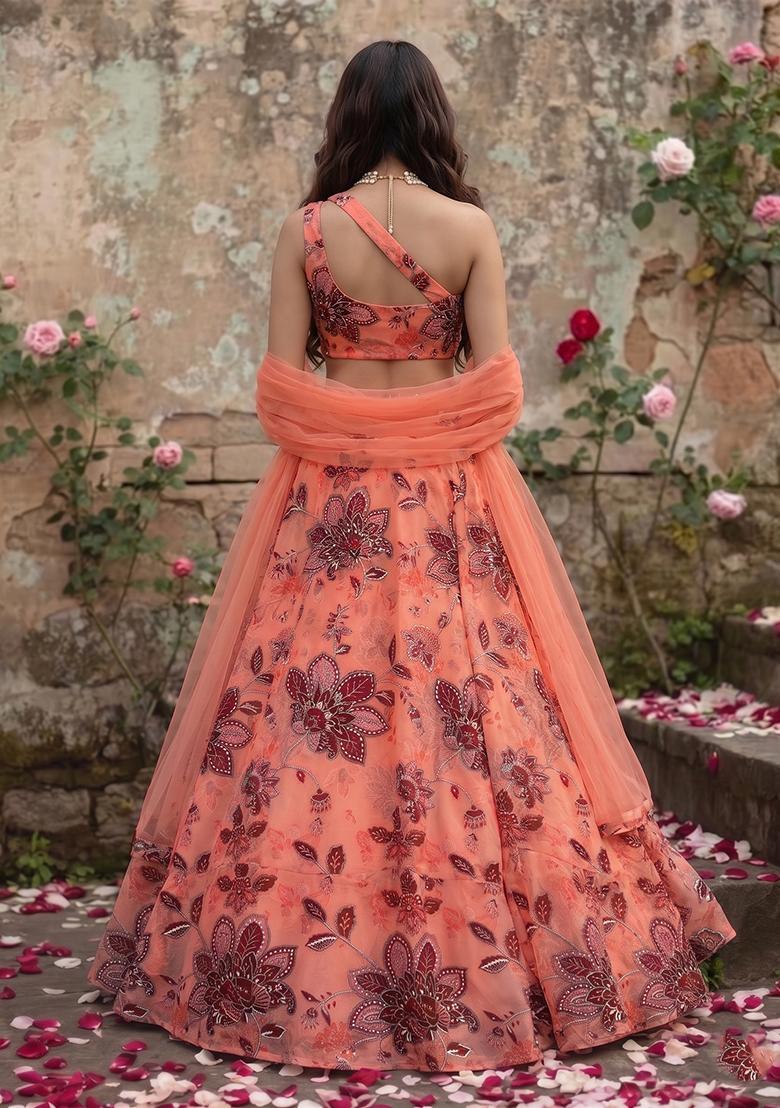 Terracotta Printed Organza Lehenga Set - Indya