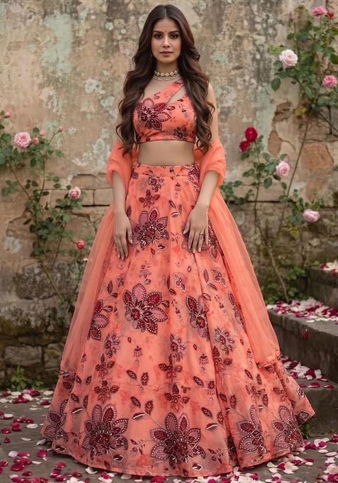 Terracotta Embroidered Organza Lehenga Set