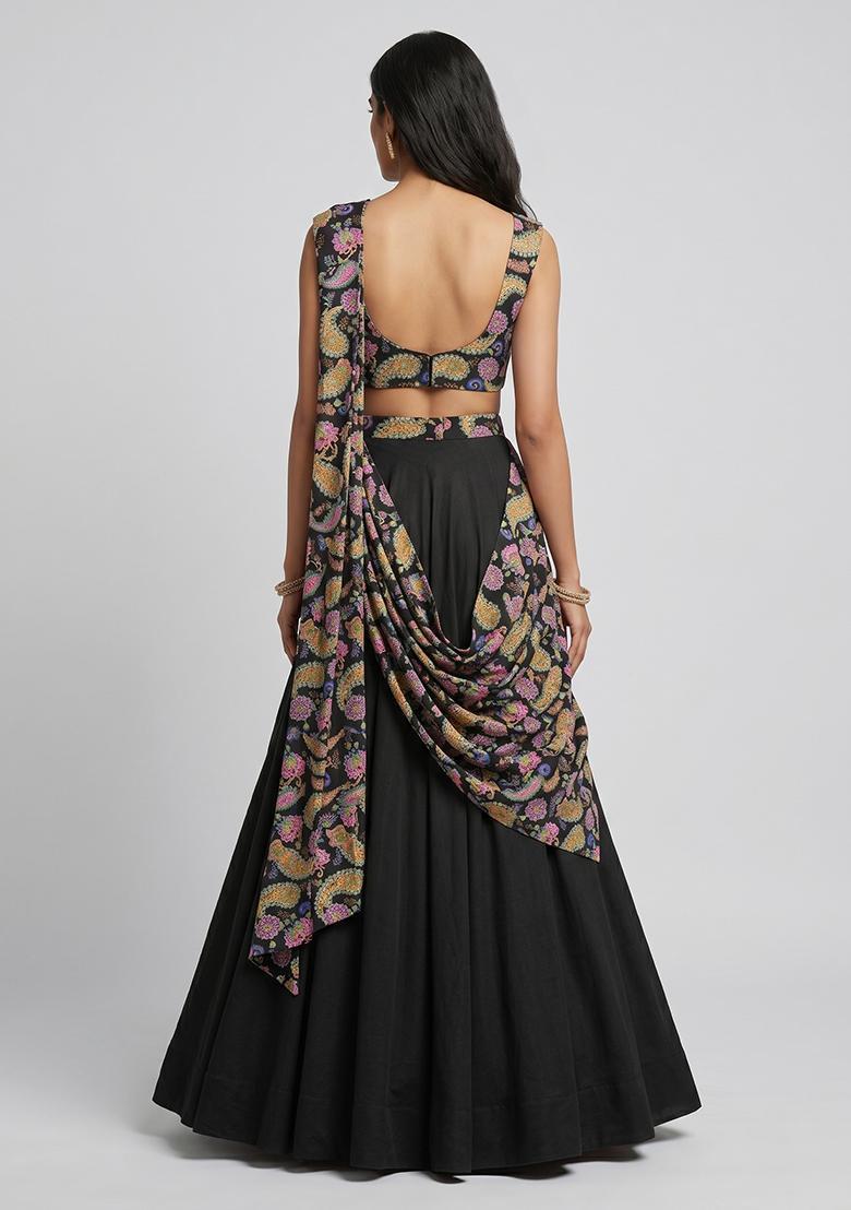 Black Crepe Solid Lehenga Set - Indya