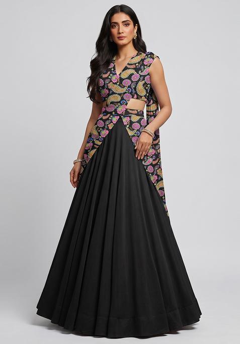 Grey Crepe Solid Lehenga Set