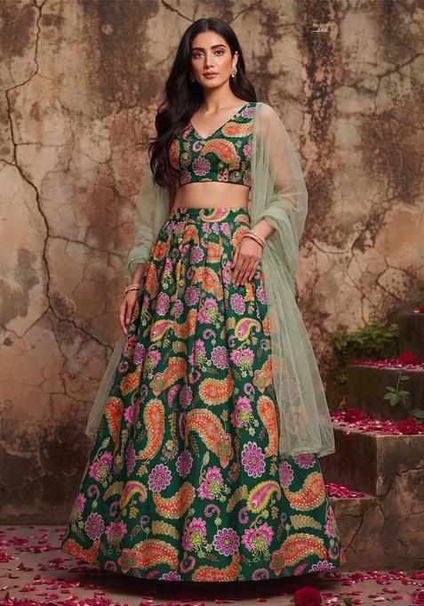 Green Silk Blend Printed Lehenga Set