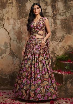 Brown Printed Crepe Lehenga Set