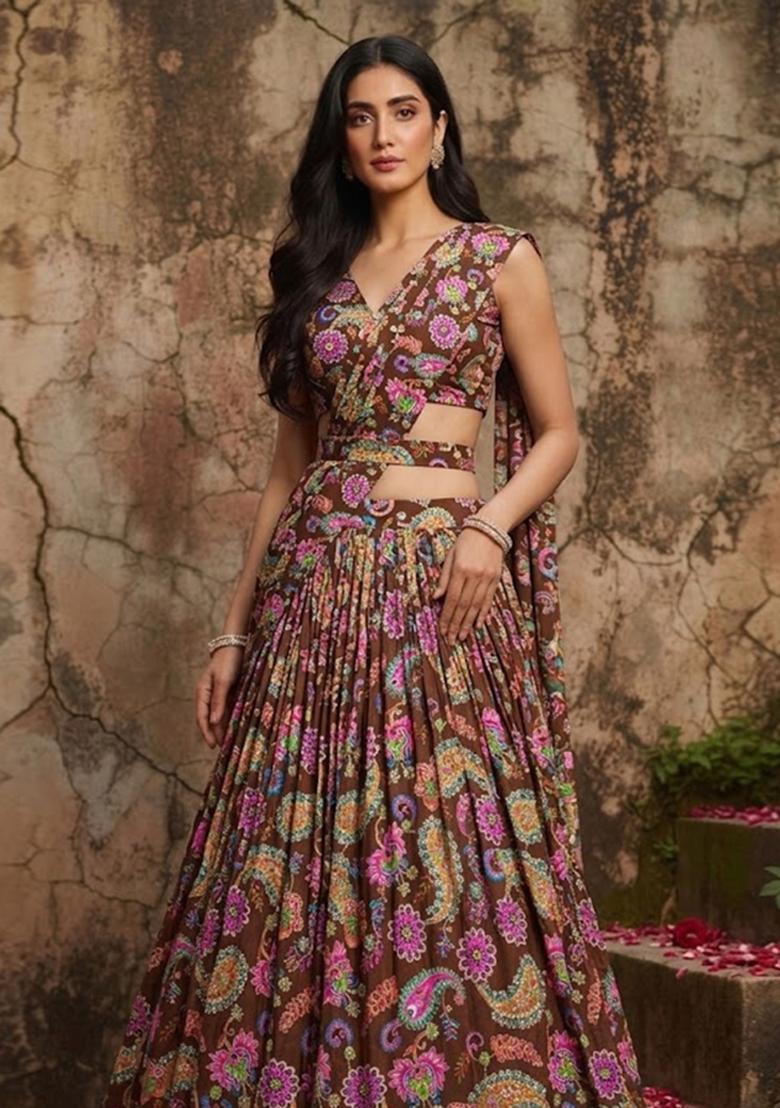 Brown Printed Crepe Lehenga Set - Indya