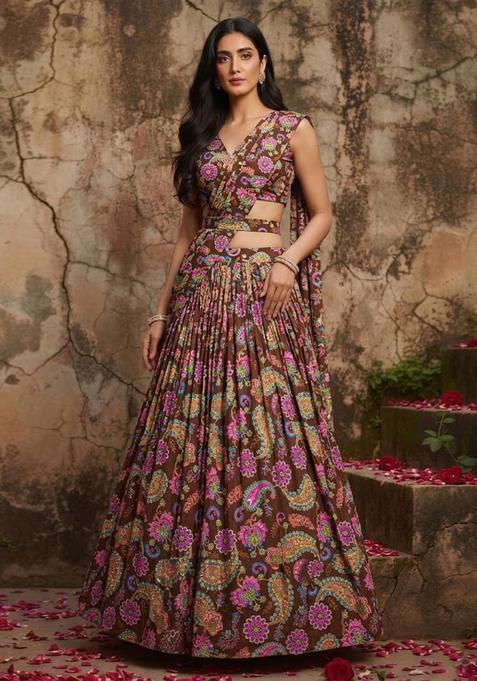 Brown Silk Blend Printed Lehenga Set