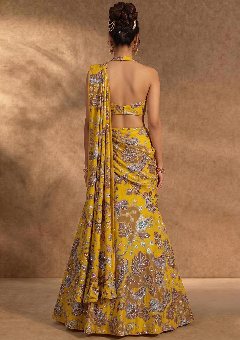 Yellow Printed Crepe Lehenga Set - Indya