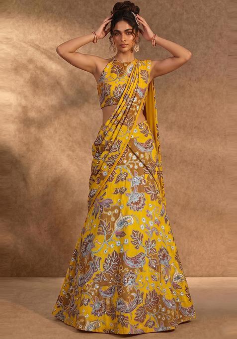 Yellow Silk Blend Printed Lehenga Set
