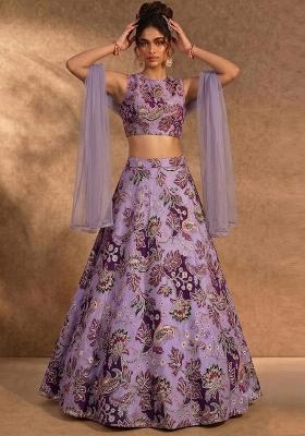 Purple Printed Crepe Lehenga Set