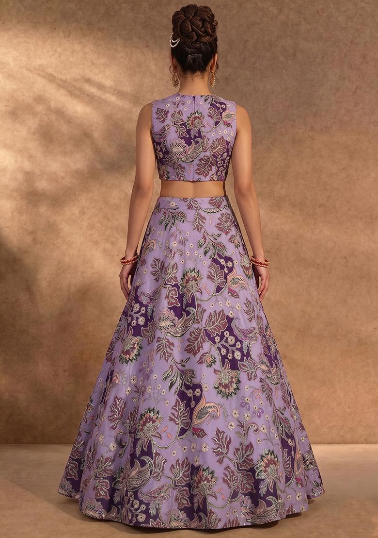 Purple Printed Crepe Lehenga Set - Indya