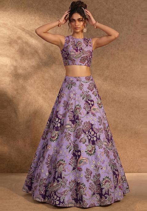 Purple Silk Blend Embroidered Lehenga Set