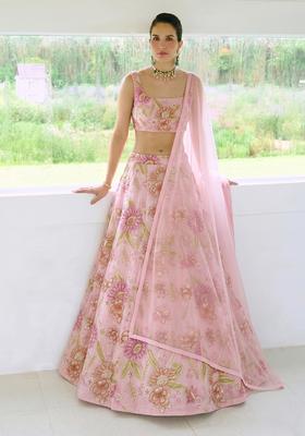 Pink Net Embroidered Lehenga Set